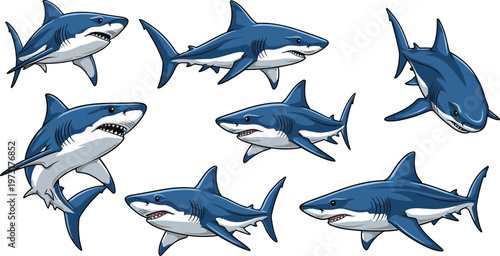 Shark Illustration Set with Various Poses and Angles for Marine Life, Ocean, and Wildlife-Themed Designs
