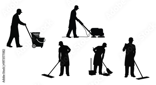 A collection of janitorial staff engaged in cleaning activities depicted in a striking black silhouette high quality professional detailed modern elegant