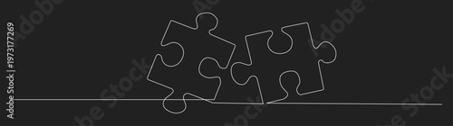 Continuous line drawing of three connected jigsaw puzzle pieces on a black background