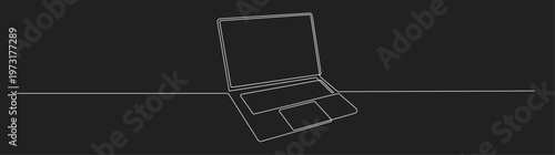 Minimalist One Line Art Drawing of Open Laptop Computer on Dark Background