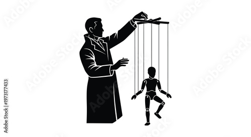 A shadowy figure manipulates a puppet with strings illustrating control and deception in a striking silhouette high quality professional detailed modern