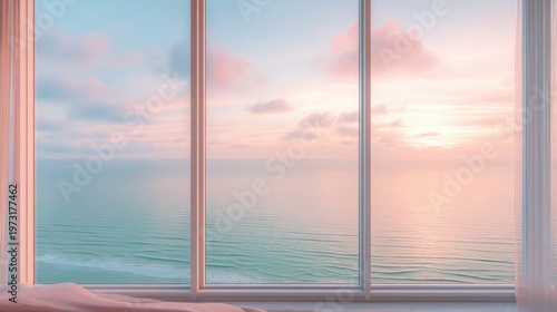 Tranquil Ocean Sunrise View Through Large Window with Soft Pink and Blue Sky