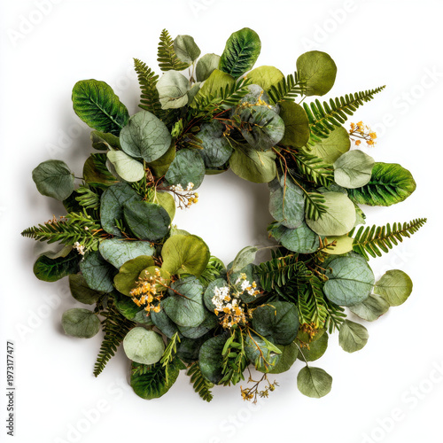 Decorative Greenery Wreath with Eucalyptus Leaves and White Flowers on White Background