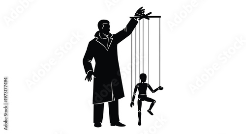 A shadowy figure manipulates a puppet with strings creating a dramatic and unsettling visual silhouette high quality professional detailed modern elegant
