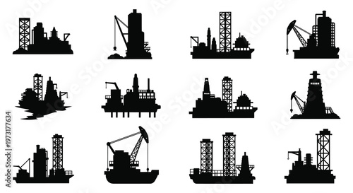A collection of black silhouettes depicting various oil rigs and industrial platforms against a white background silhouette high quality professional detailed