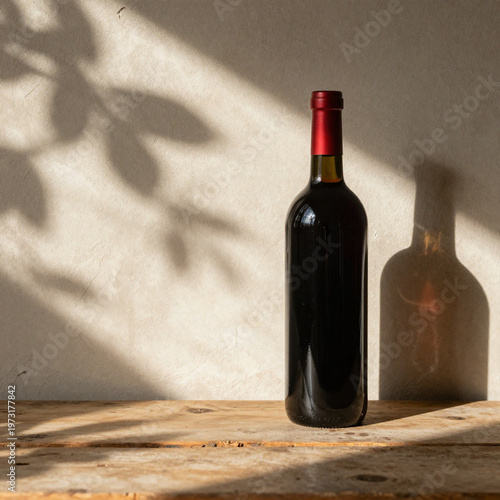 A Bottle of Fine Wine Resting on a Wooden Surface in the Sun 