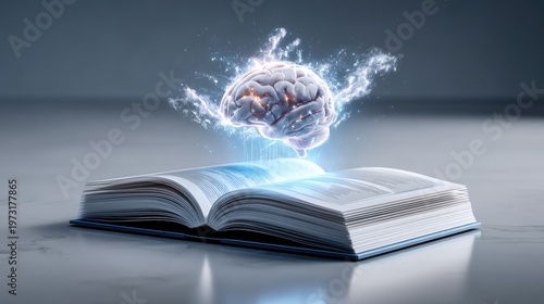Conceptual image of an open book with a glowing brain above it, symbolizing knowledge, creativity, and intelligence in a surreal and modern design, ideal for educational themes.