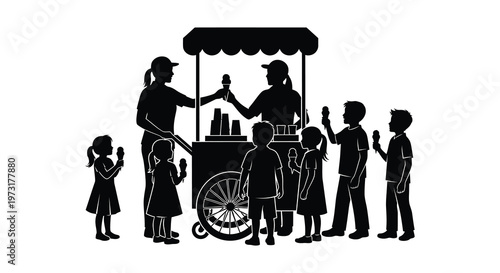A black silhouette depicts a cheerful ice cream vendor serving customers including children on a sunny day silhouette high quality professional
