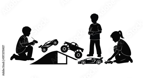 Children joyfully playing with remote control cars on a ramp depicted in a striking black silhouette high quality professional detailed modern