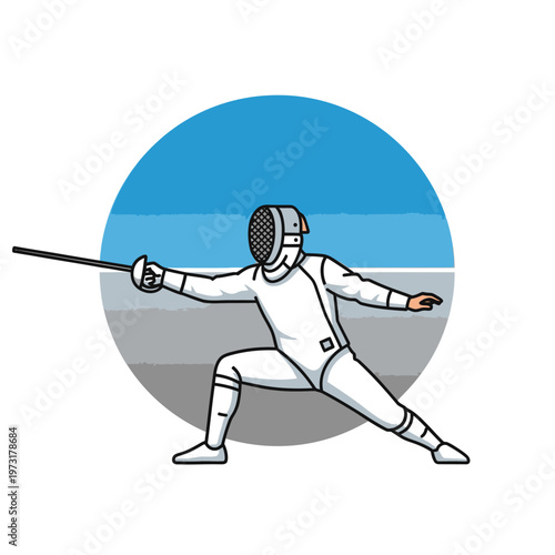 Fencer in action, competitive sport, fencing uniform, sword fight, athletic stance