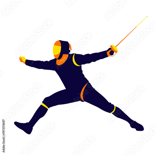 Fencer in action, dynamic pose, sword fighting, sport, athletic movement, isolated on white