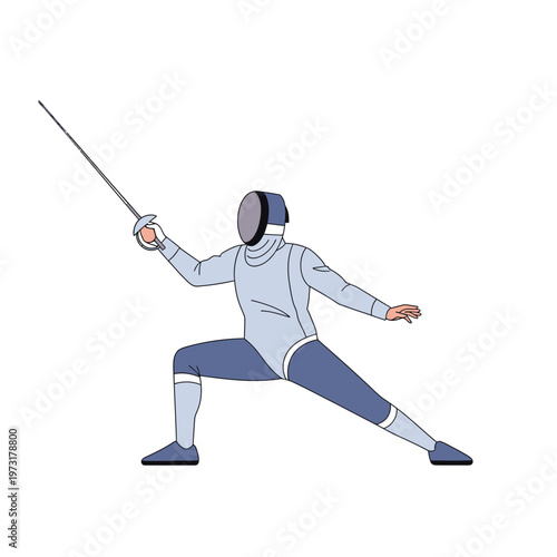 Fencer in action, lunging forward with foil sword, athletic pose, sports illustration