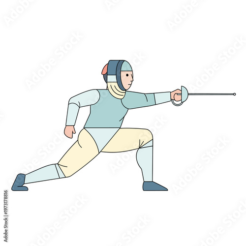 Fencer in action, lunging forward with sword, flat design, isolated on white