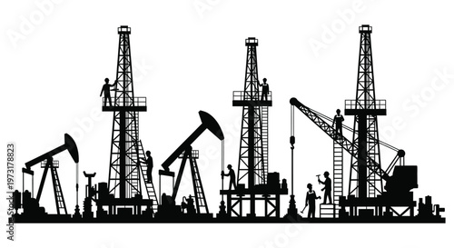 A stark black silhouette depicts an oil field with drilling rigs workers and pumping machinery creating a dramatic silhouette high quality