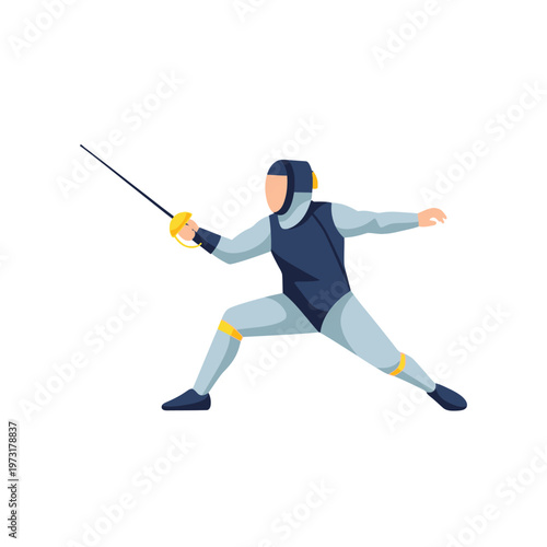 Fencer in action, lunging with foil sword, defensive stance, sports illustration