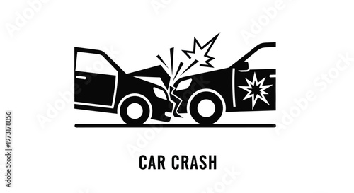 Simple black and white vector illustration depicting a severe head-on car crash incident graphic