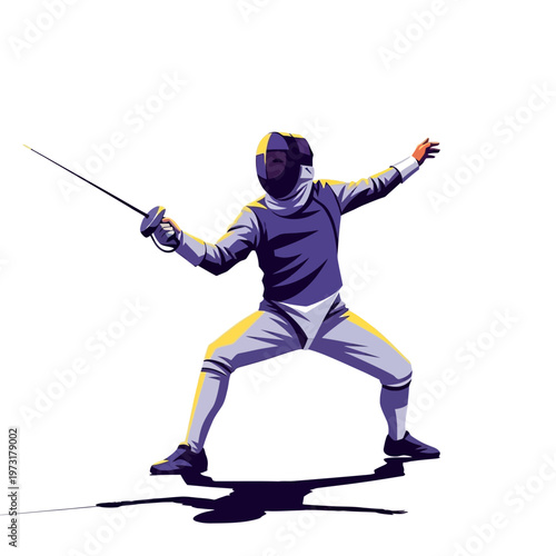 Fencer in action, poised for attack with foil, dynamic pose, white background