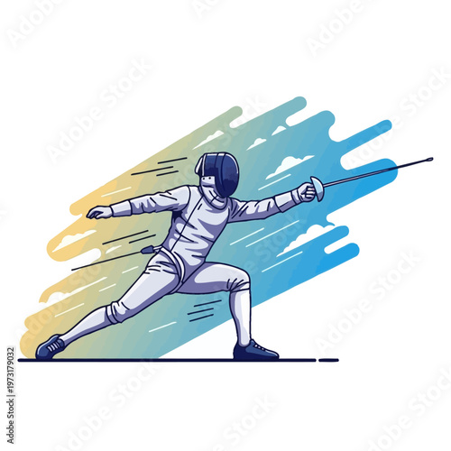Fencer in action, lunging with sword, dynamic motion, abstract colorful background