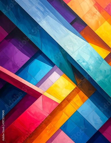 A vibrant abstract artwork with multicolored geometric shapes