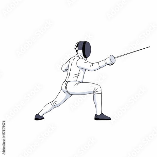 Fencer in action, thrusting foil, white background, sport illustration