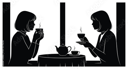 Two women enjoying tea together reflected in a window presented as a striking black silhouette high quality professional detailed modern elegant
