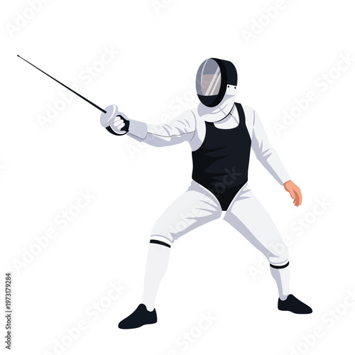Fencer in protective gear holding a foil, ready to duel