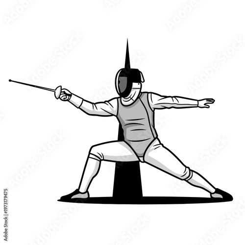 Fencer in protective gear lunging with foil, black and white illustration