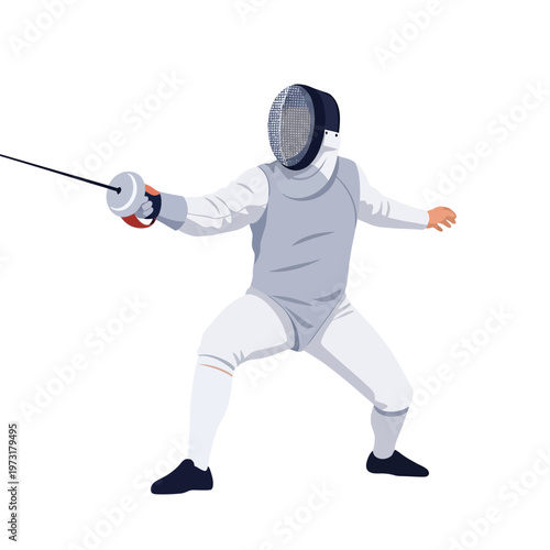 Fencer in protective gear lunging forward with sword, isolated on white background