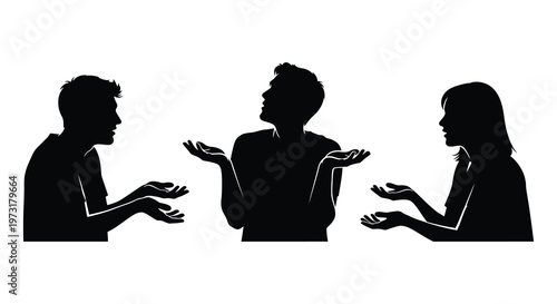 Three individuals appear to be engaged in a thoughtful conversation depicted as a striking black silhouette high quality professional detailed modern