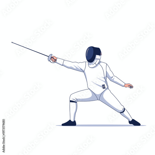 Fencer in white protective suit and mask, lunging with foil sword, isolated on white background.