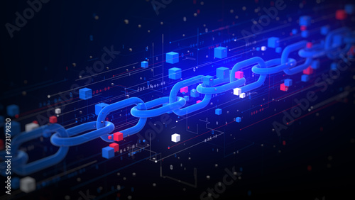 Tablou pe pânză 3D blockchain chain with glowing links and floating data cubes, symbolizing secure digital transactions, decentralized networks, cryptocurrency systems, Data security technology
