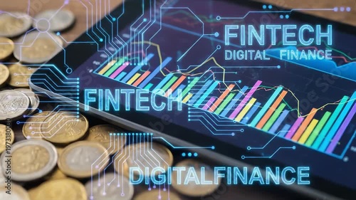 Exploring fintech growth and digital finance trends through data charts and coins in a tech-focused setting