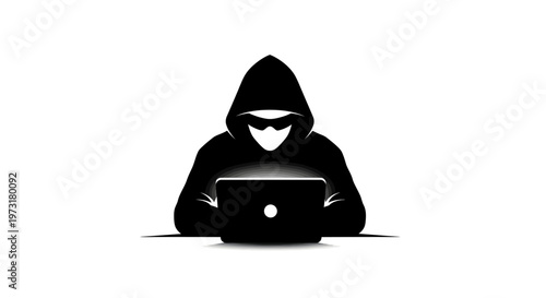 Hacker Silhouette Using Laptop Computer, Cybercrime Concept