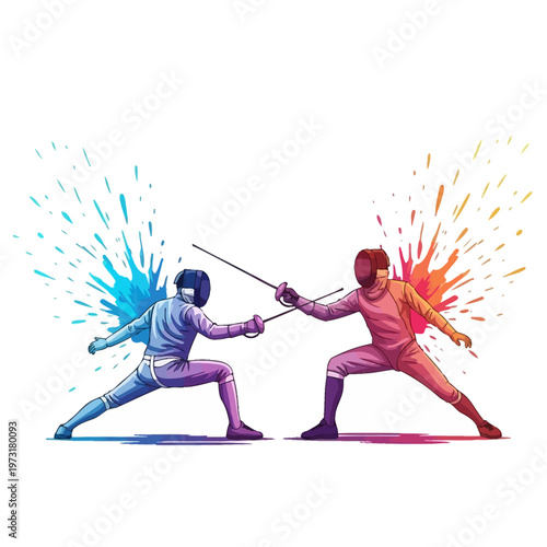 Fencers Clash: Vibrant Splash Art, Competitive Sport Duel, Active Lifestyle