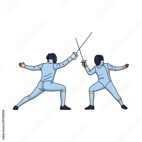 Two Fencers in Light Blue Uniforms Sparring with Swords on White Background
