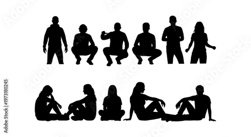 Diverse People Silhouettes: Standing, Squatting, and Sitting Poses