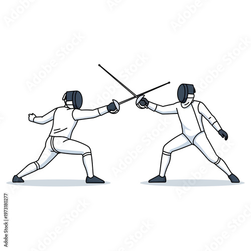Two Fencers in Protective Gear Competing with Swords, Dynamic Action