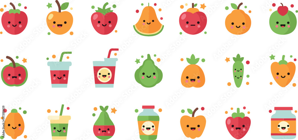 Obraz premium Cute Fruit Character Icon Set Featuring Smiling Apples Oranges Watermelon Smoothies and Healthy Food Mascots for Kids Nutrition and Fun Design
