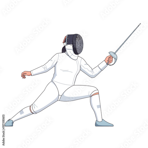 Female Fencer in Protective Gear and Mask Lunging with Saber