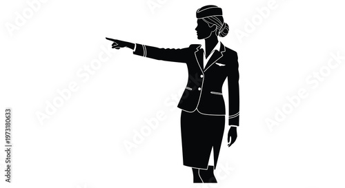 A striking black silhouette of a flight attendant pointing forward illustrating guidance and service silhouette high quality professional detailed modern elegant