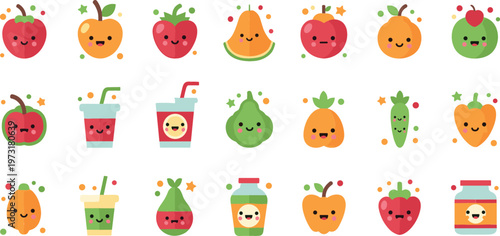 Cute Fruit Character Icon Set Featuring Smiling Apples Oranges Watermelon Smoothies and Healthy Food Mascots for Kids Nutrition and Fun Design