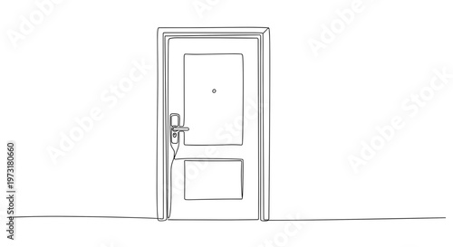 Closed hotel room door in hallway line art illustration