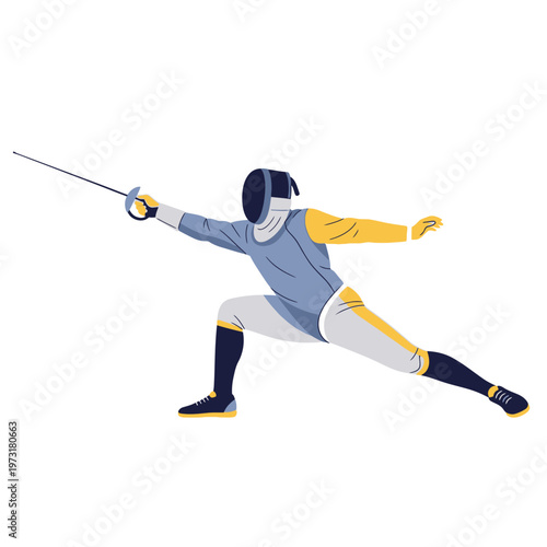 Fencer in action: Athlete lunging with foil sword, dynamic pose, sport illustration