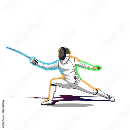 Fencer in action with colorful outline, dynamic pose, fencing sport illustration