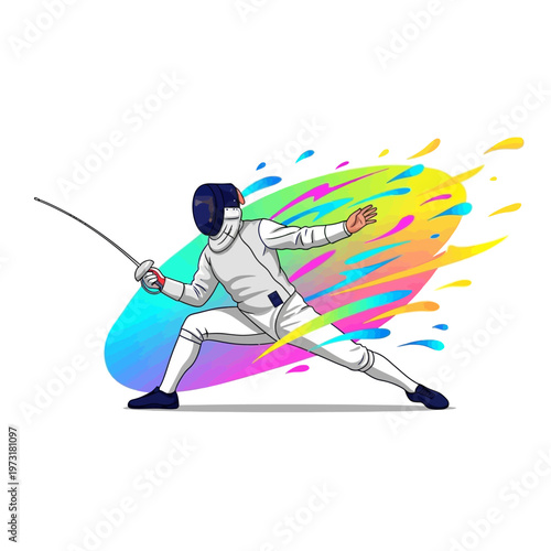 Fencer in Action with Colorful Splash Effect
