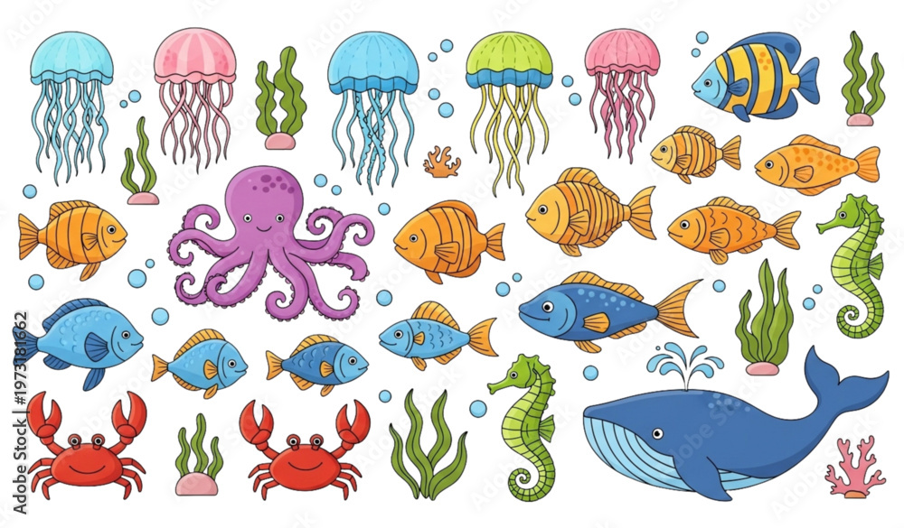 Obraz premium Colorful cute cartoon sea animals vector illustration set
