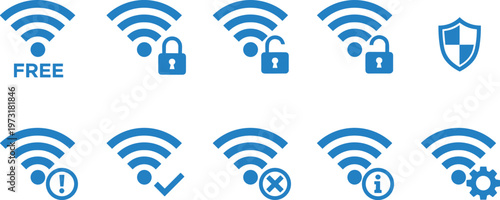Blue outlined Wi-Fi icons set showing free, locked, unlocked, secure, warning, connected, disconnected, info, and settings indicators