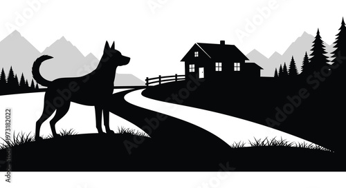 A striking black and white landscape featuring a dog a house mountains and trees in a bold silhouette high quality professional