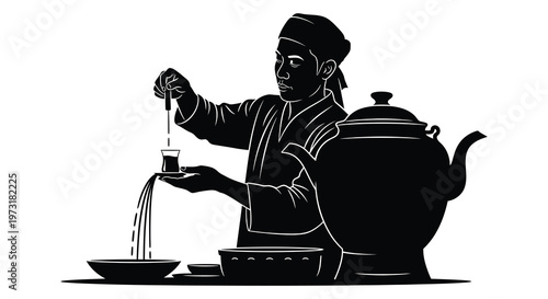 A traditional tea ceremony is depicted with a man pouring tea into a glass shown in stark silhouette high quality professional