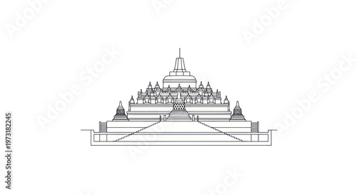 Ancient Buddhist Temple Outline Drawing - Borobudur Style Monument